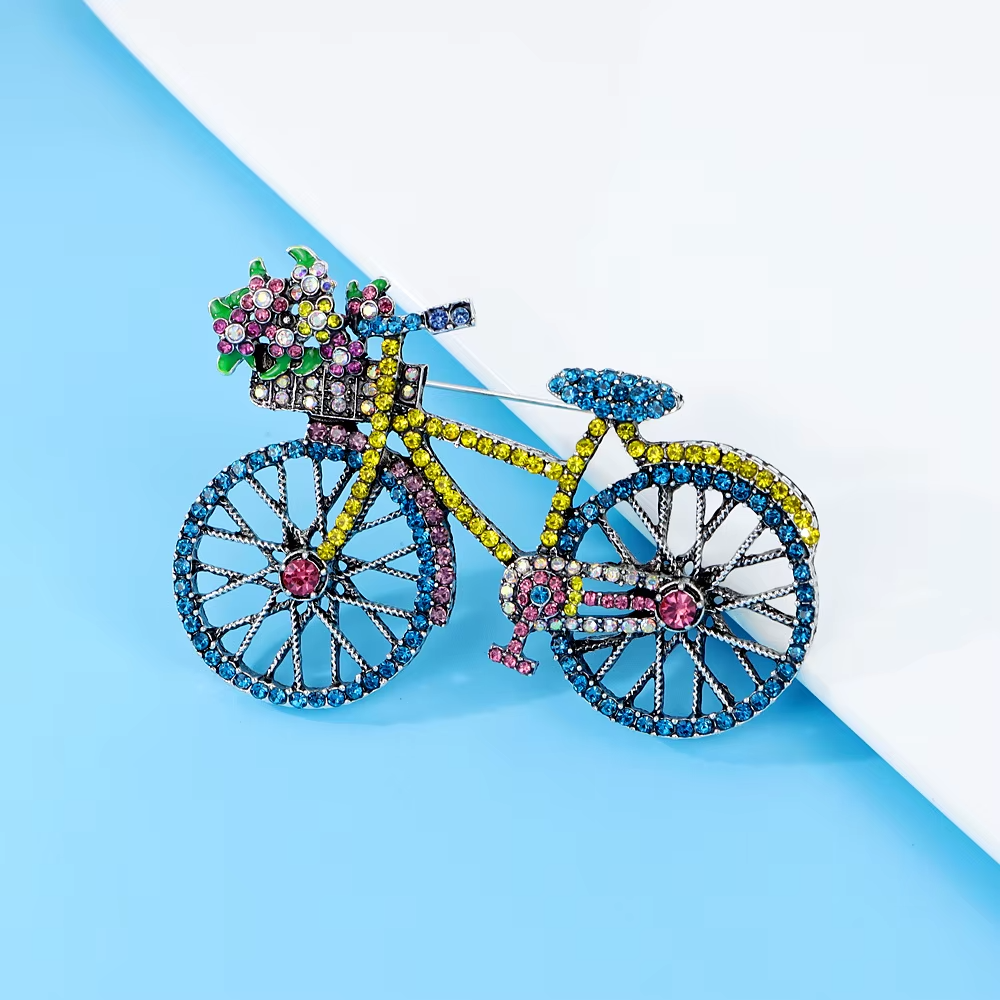 Colorful Rhinestone Bicycle Brooch Pin Flower Basket Bike Jewelry Gift