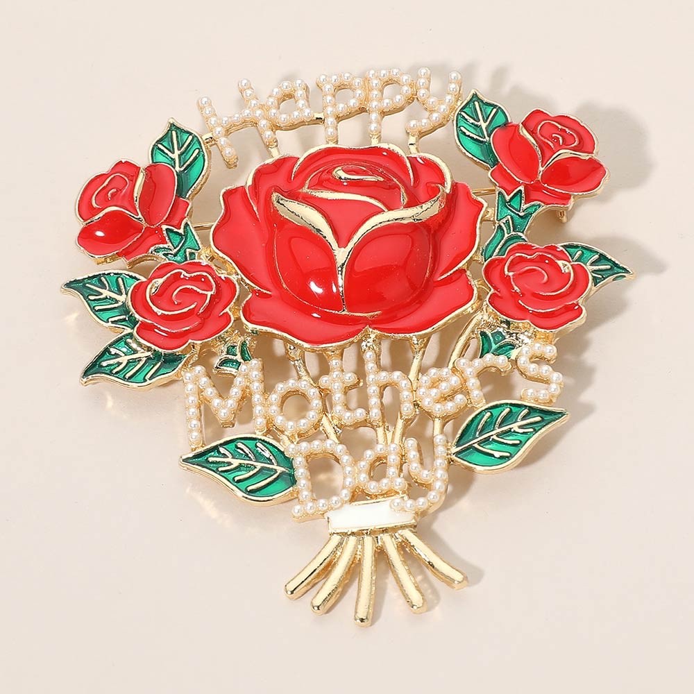 Happy Mothers Day Rose Flower Bouquet Brooch Pearl Enamel Gold Statement Pin