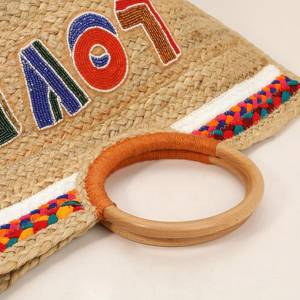 Handmade Seed Bead LOVE Jute Tote Bag with Wooden Handles | Boho Straw Purse