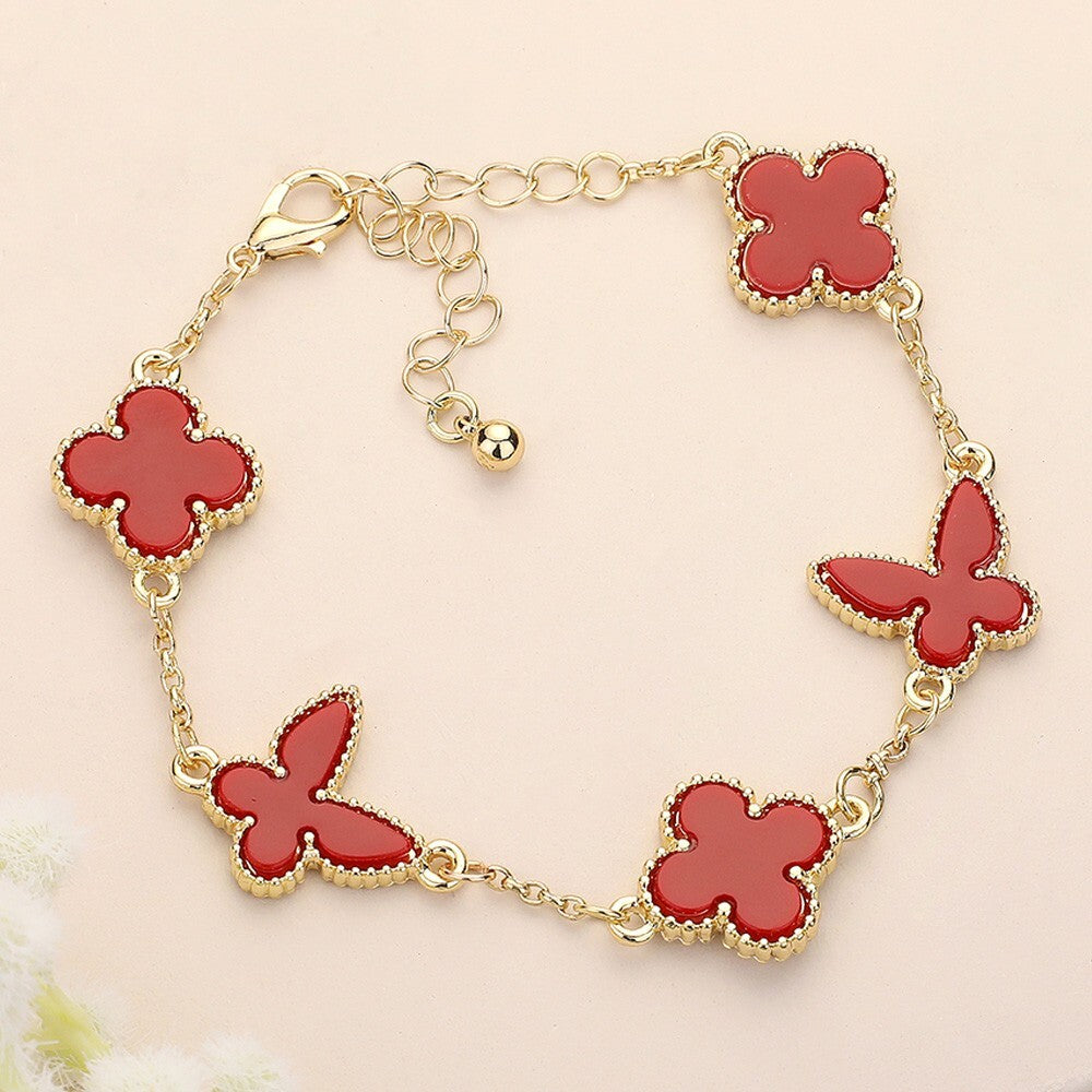 Natural Stone Butterfly Quatrefoil Link Bracelet Red Gold Tone Fashion Jewelry
