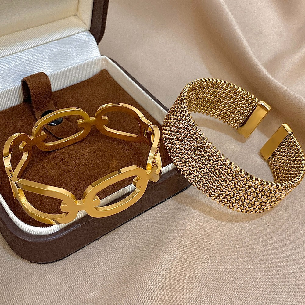 2pcs 18K Gold Plated Mesh Cuff & Chunky Oval Link Bangle Bracelet Stack Set