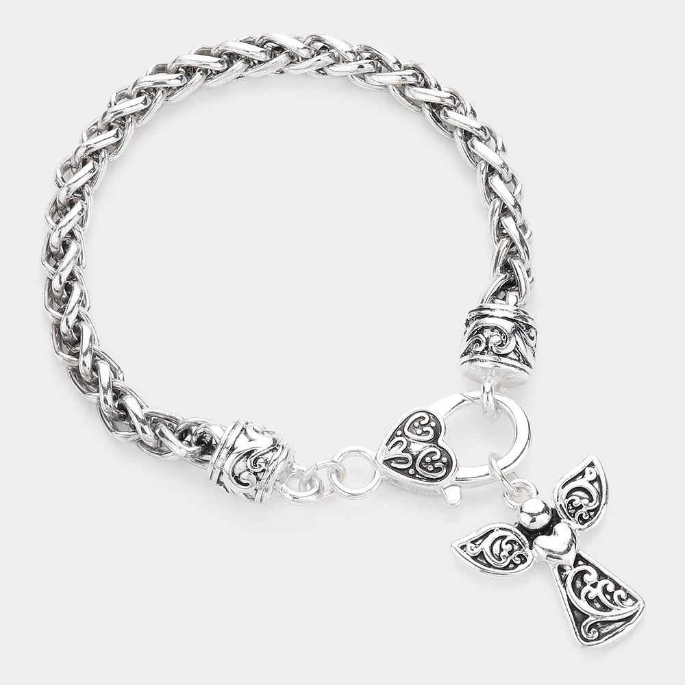 2pcs Antique Metal Angel Cross Charm Bracelet Religious Faith Jewelry Gift