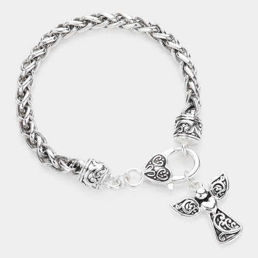 2pcs Antique Metal Angel Cross Charm Bracelet Religious Faith Jewelry Gift