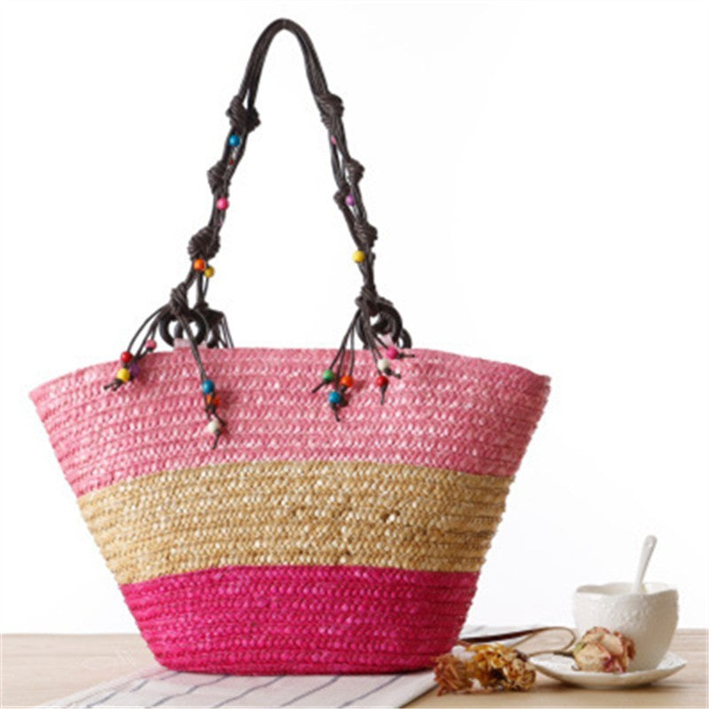 Boho Starfish Embroidered Straw Woven Bag Beaded Summer Tote Shoulder Handbag