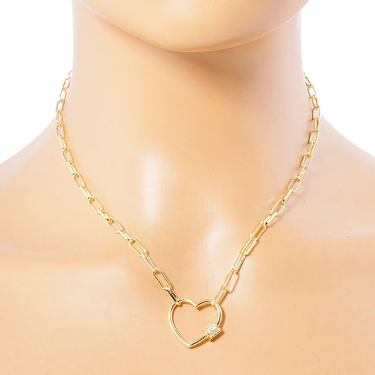 Gold Dipped CZ Stone Paved Open Heart Carabiner Pendant Paperclip Chain Necklace