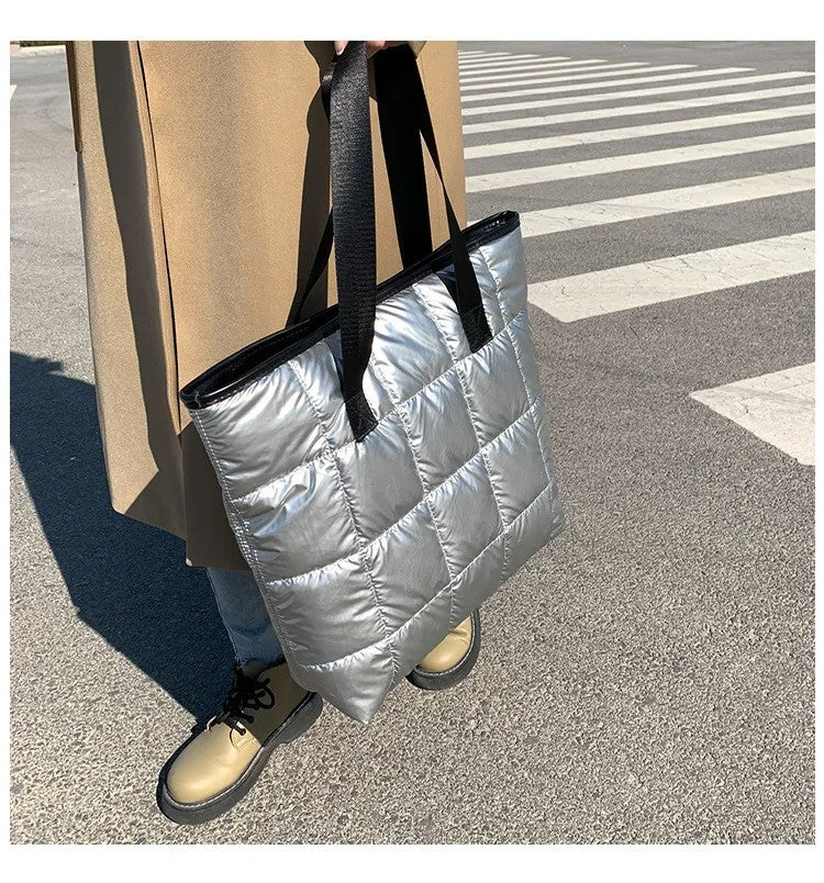Gray Quilted Puffer Tote Bag Shoulder Handbag Zipper Closure Carryall Purse