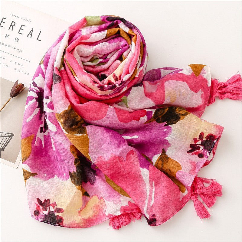 2pcs Floral Tassel Shawl Scarf Large Soft Spring Fashion Wrap Yellow Pink