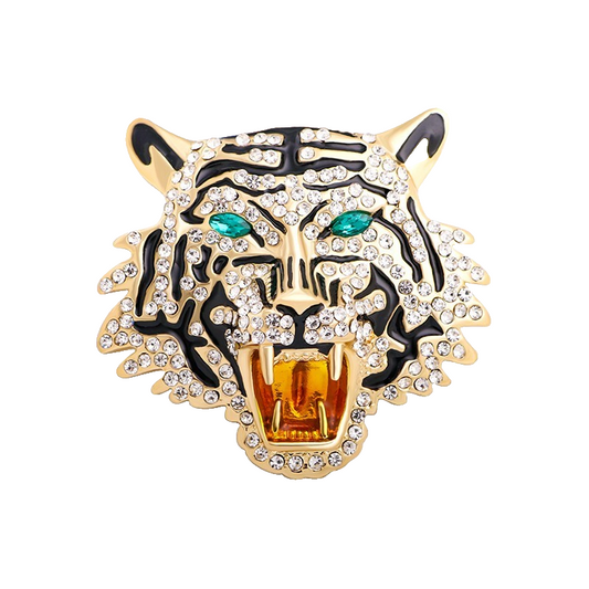 Statement Tiger Head Roaring Brooch Pin Pendant Gold Tone Rhinestone Black Ename