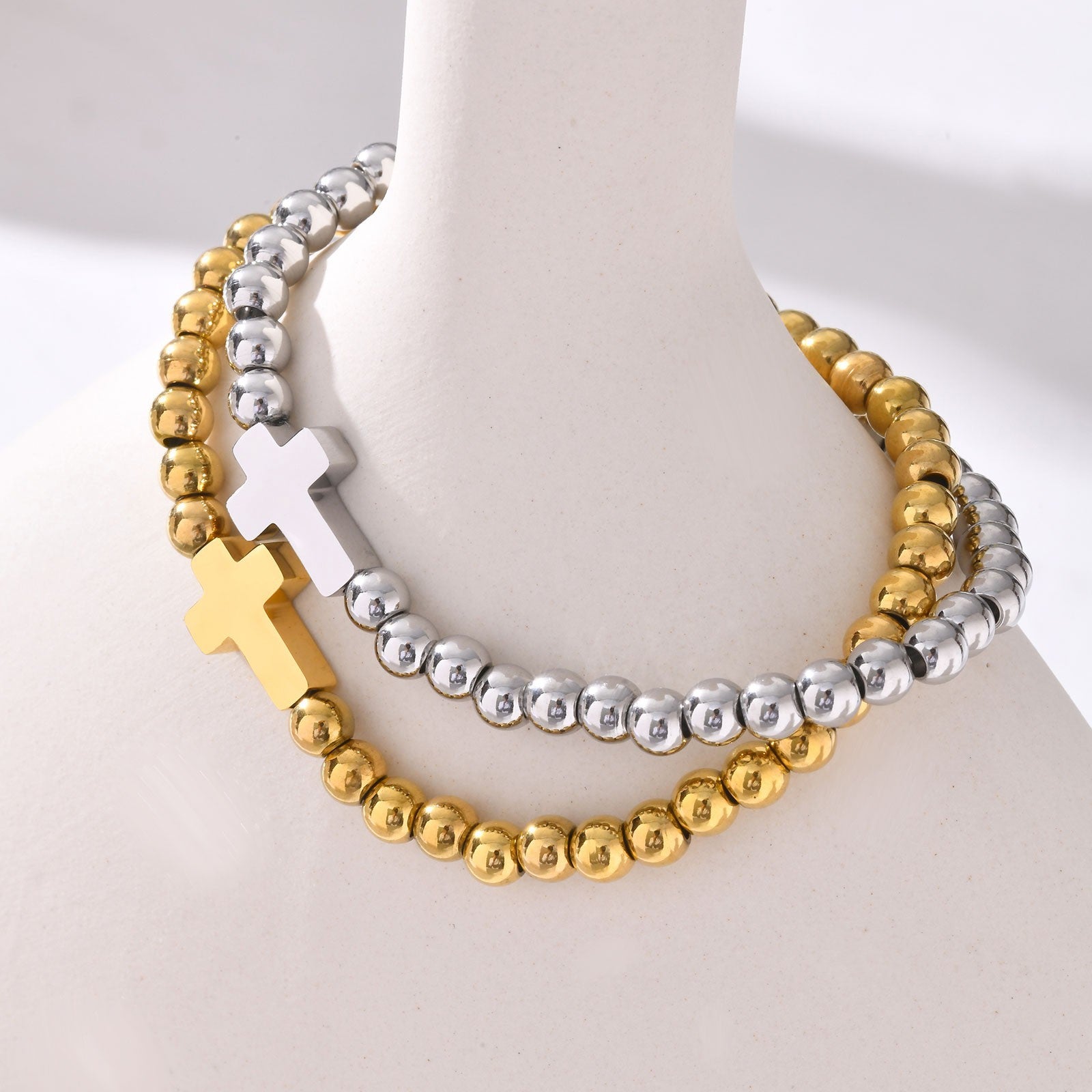 Set of 2 Cross Beaded Bracelets Gold & Silver Tone Stainless Steel Stretch Duo