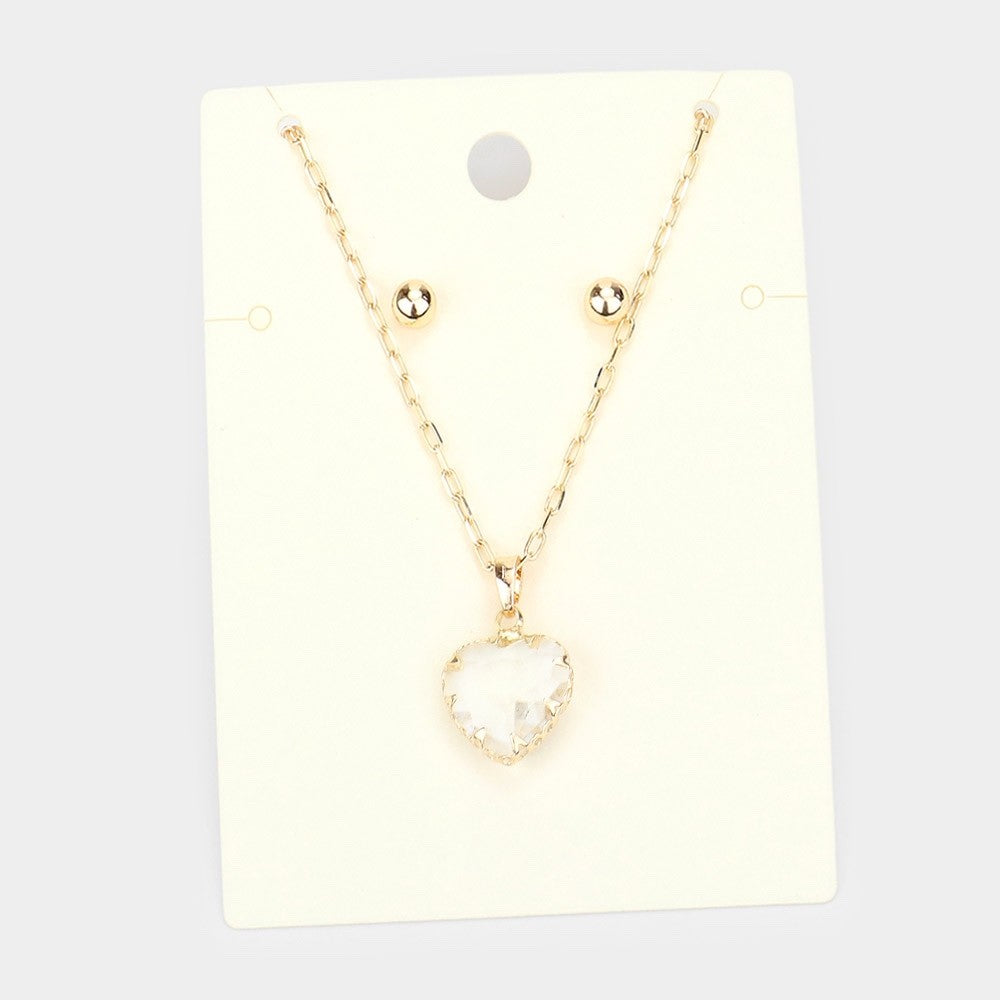 2pc Gold Tone Heart Pendant Necklace and Ball Stud Earrings Jewelry Set for Her