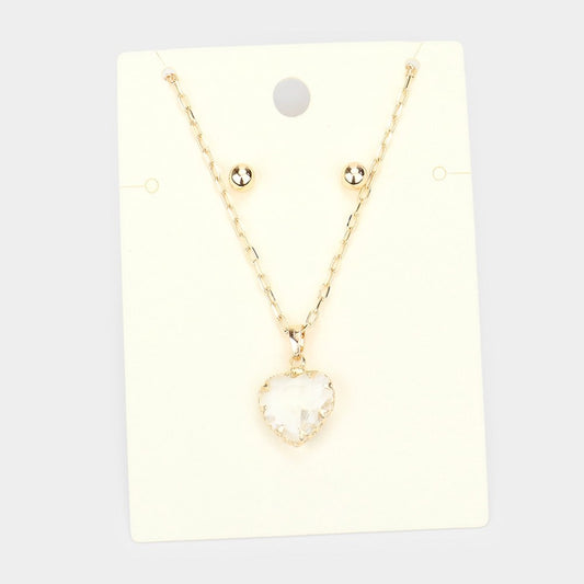2pc Gold Tone Heart Pendant Necklace and Ball Stud Earrings Jewelry Set for Her