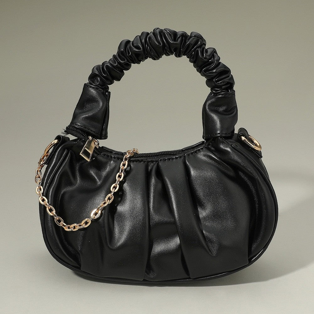 Black Ruched Vegan Leather Handbag with Scrunchie Handle and Gold Chain Link