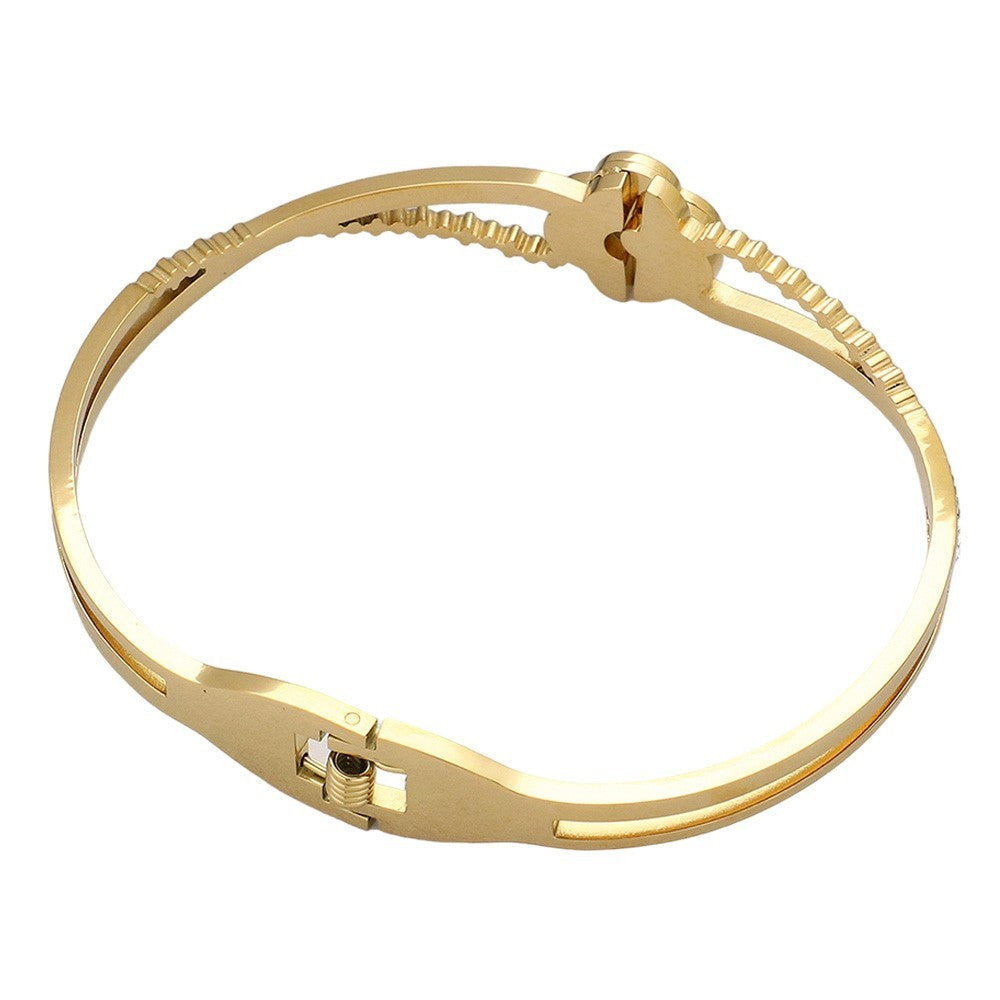 Gold Mother of Pearl Quatrefoil Hinged Bangle Bracelet for Women