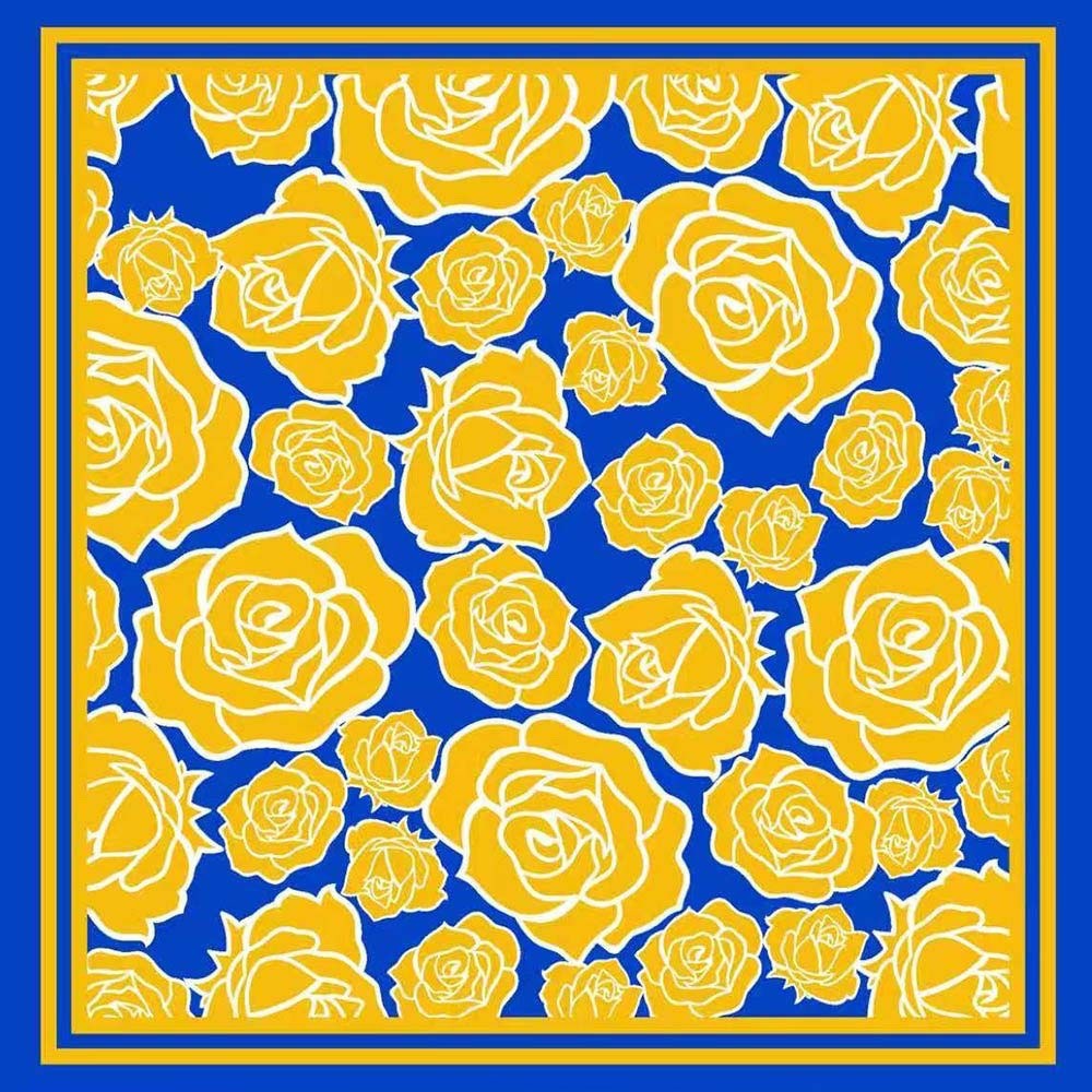 Royal Blue & Yellow Rose Floral Print Square Silk-Like Fashion Neck Scarf 35"
