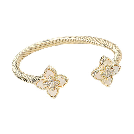 14K Gold Plated CZ Stone Mother of Pearl Floral Clover Tip Cuff Bracelet 2.3"