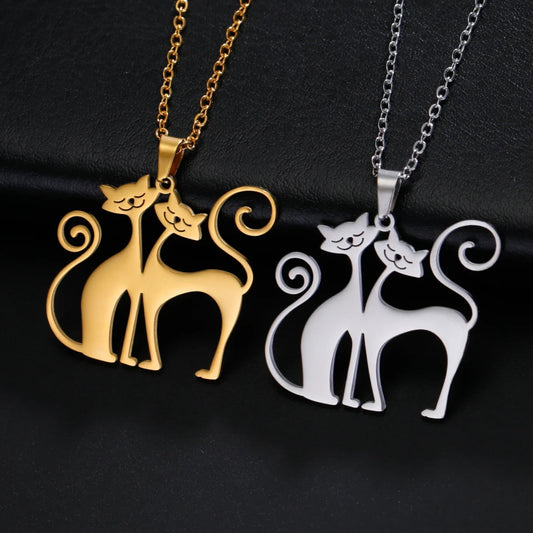 Crouching Cat Pendant Stainless Steel Necklace for Women Cute Animal Jewelry