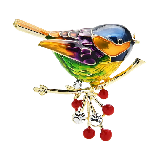 Colorful Chickadee Bird Brooch Pin Rhinestone Animal Jewelry Enamel Winter Gift