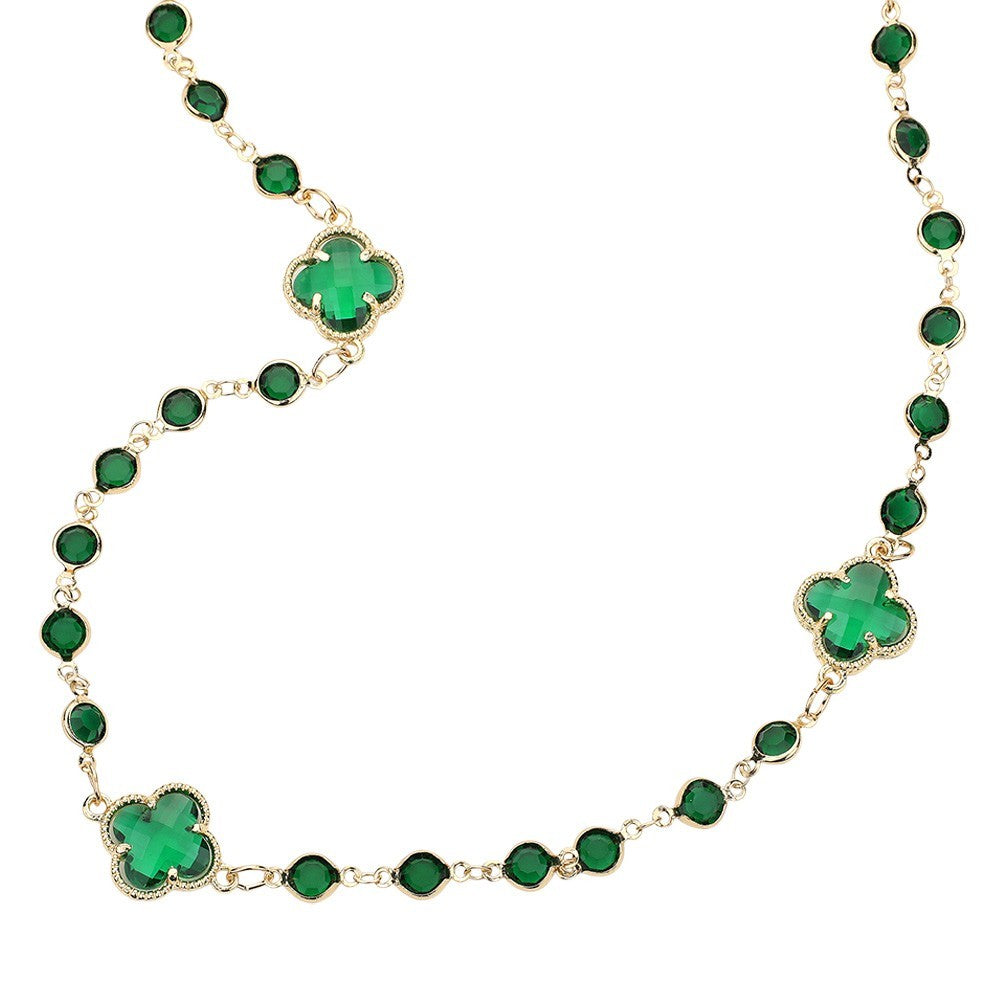 Gold Tone Long Clover Station Necklace Green Crystal Quatrefoil Designer Inspire