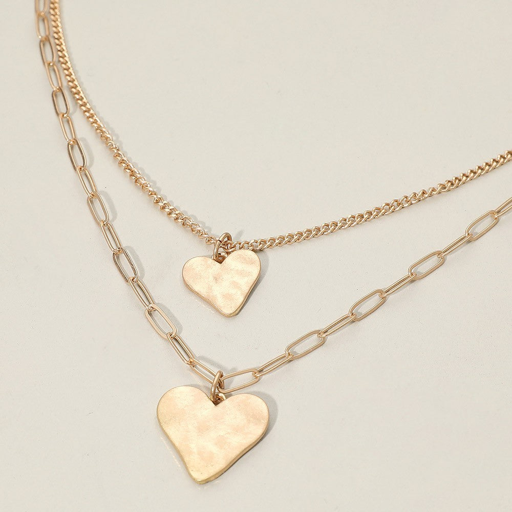 2-Strand Gold Tone Hammered Metal Heart Pendant Necklace Adjustable with Lobster