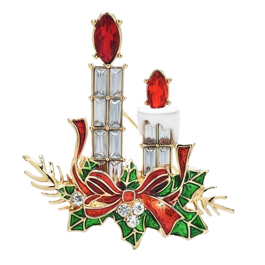 Christmas Candle Brooch Pin Red Green Rhinestone Holly Gold Tone Holiday Jewelry