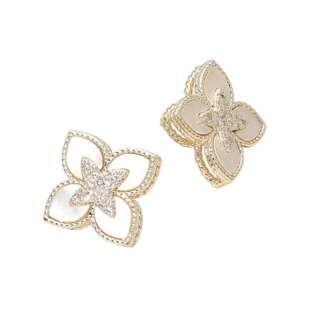 Gold Dipped Mother of Pearl Clover CZ Floral Stud Earrings 0.75" Post Back