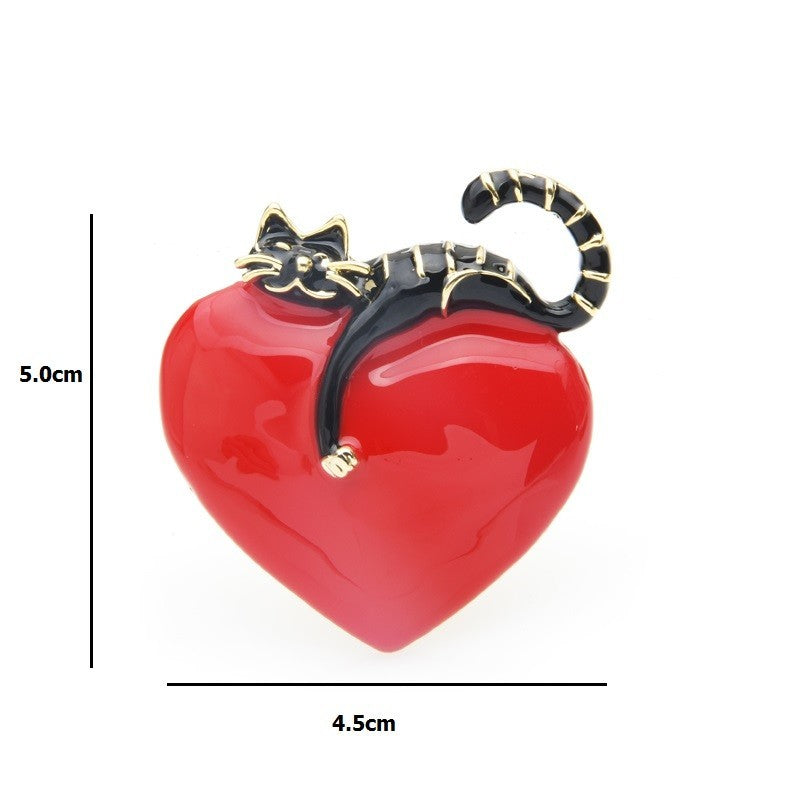 Playful Black Cat Brooch Pin - Red Heart Enamel Animal Jewelry