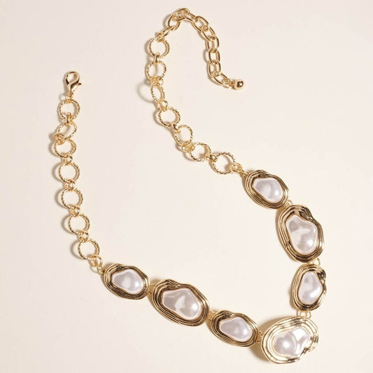 Gold Ripple Organic Faux Pearl Link Necklace Irregular Baroque Style