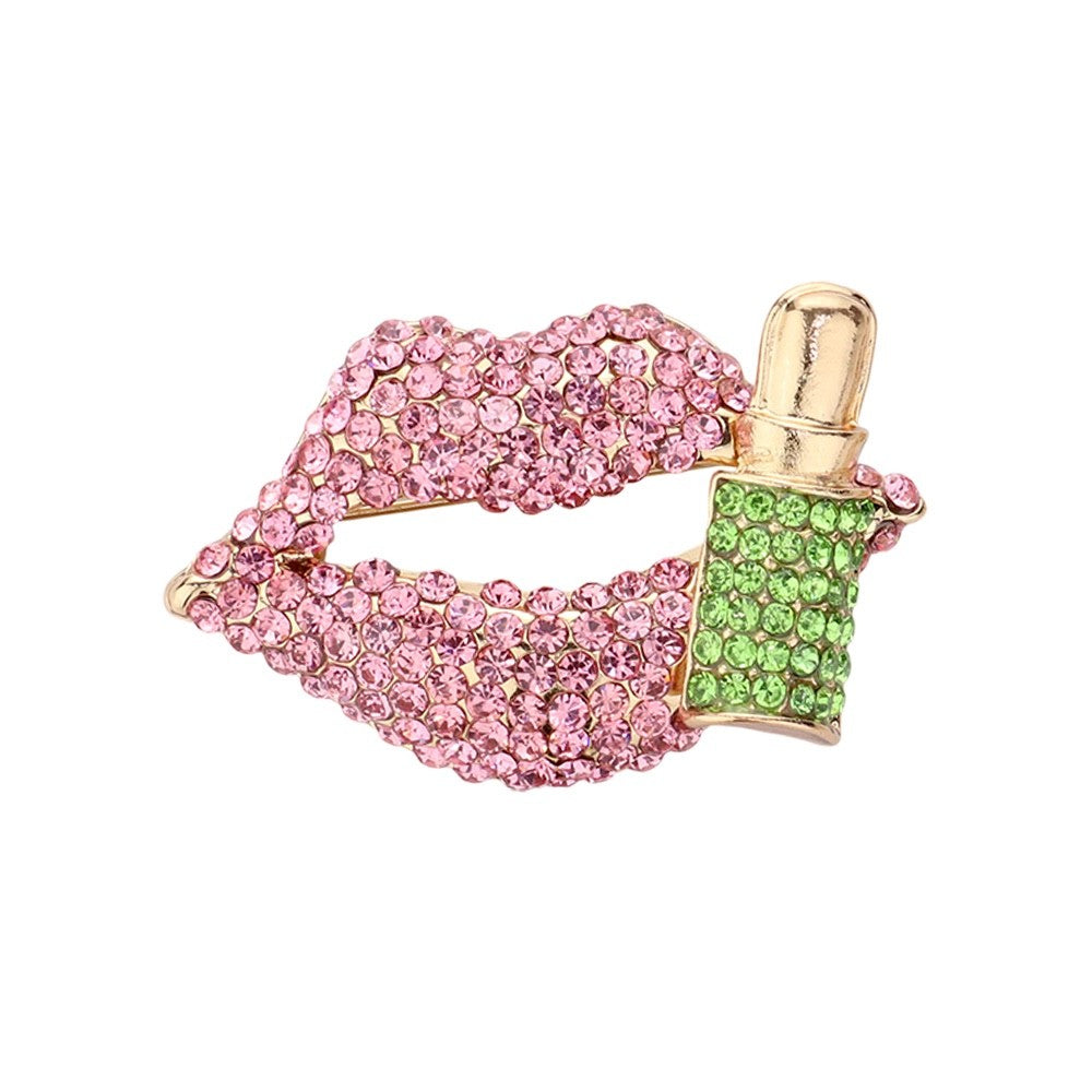 Pink Rhinestone Lips & Lipstick Brooch - Sparkling Beauty Statement Pin
