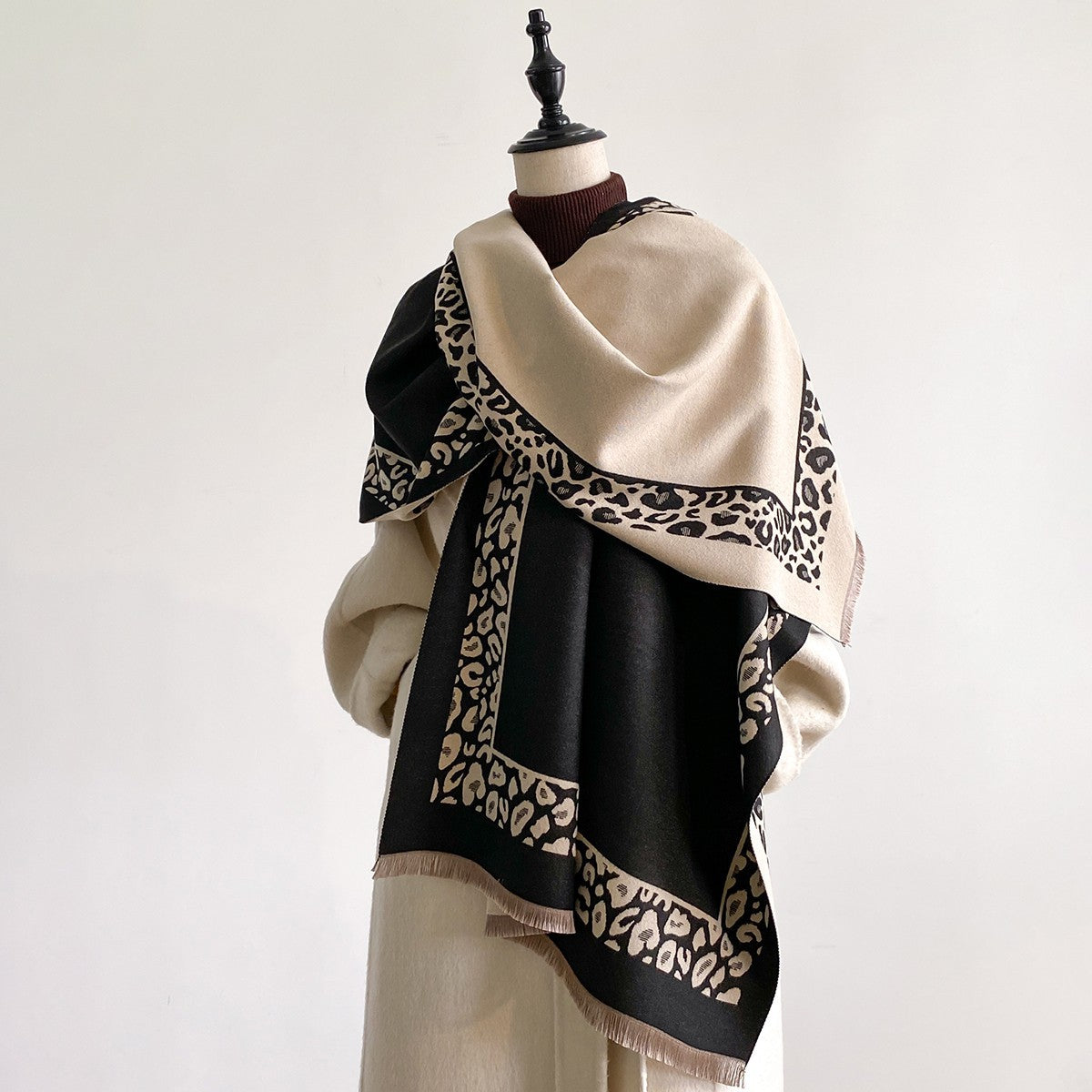 Oversized Cashmere Feel Scarf Black Beige Leopard Print Winter Wrap Gift
