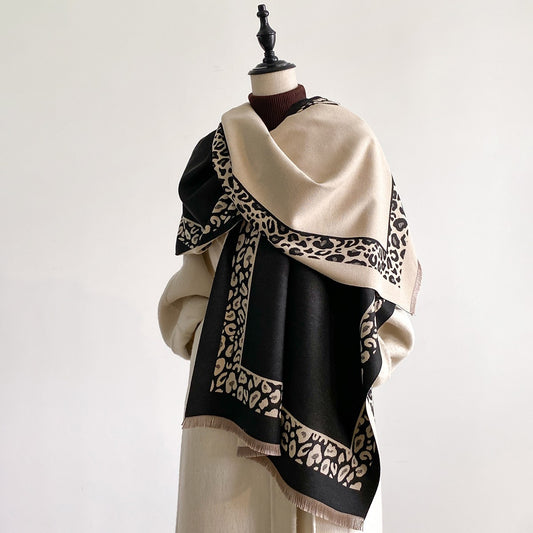 Oversized Cashmere Feel Scarf Black Beige Leopard Print Winter Wrap Gift