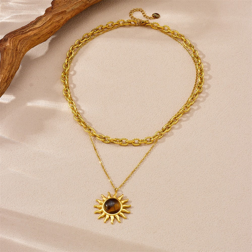 2-Layer Gold Stainless Steel Sun Tiger Eye Pendant Necklace Chic Women's Jewelry
