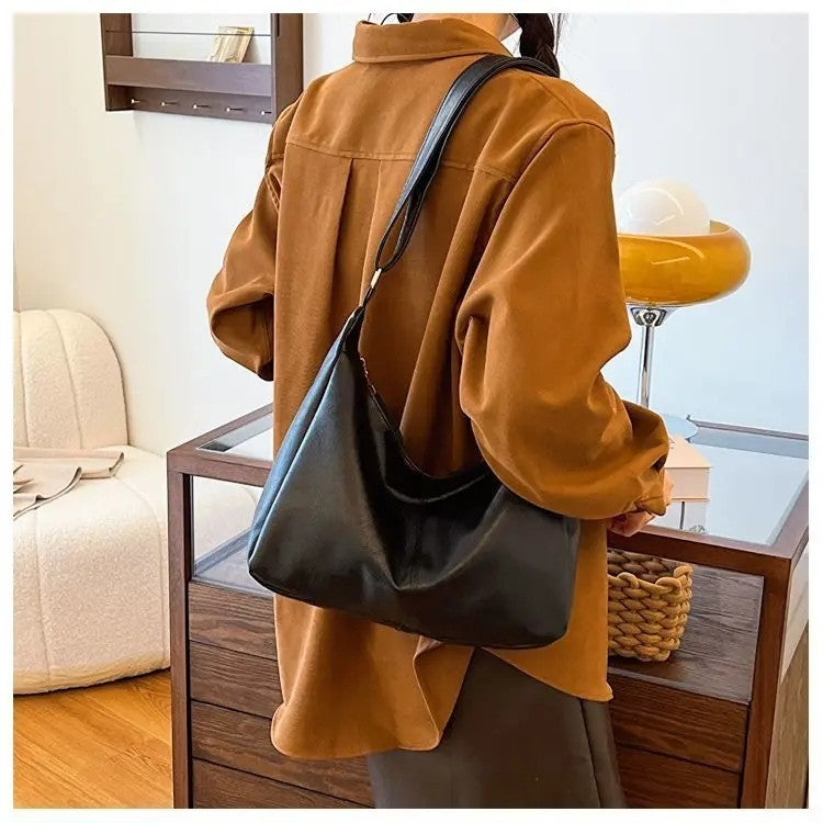 Black Faux Leather Hobo Shoulder Bag With Adjustable Strap