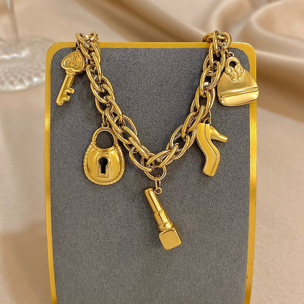 Chunky Gold Charm Bracelet Lipstick High Heel Purse Key Lock Toggle Link