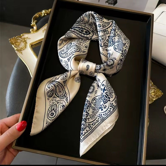 Paisley Blue White Silk Feel Bandana Square Scarf Neckerchief 27"