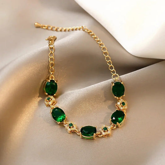 Green Crystal Gold Link Bracelet for Women | Elegant Fashion Jewelry Gift Ladies