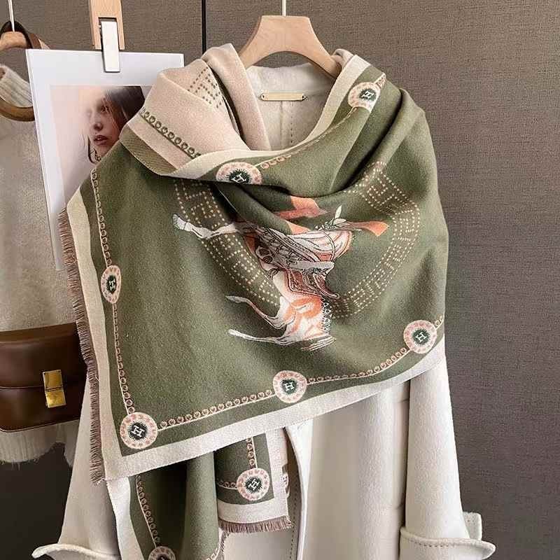 Green Equestrian Cashmere-Feel Shawl Wrap Large Horse Print