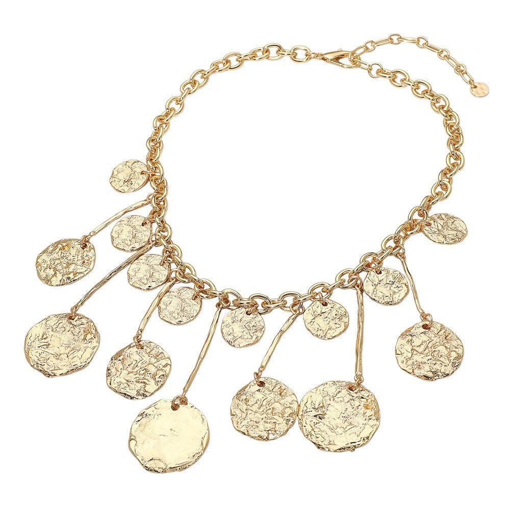 Gold Tone Statement Choker Necklace Textured Disc Coin Drop Pendant 17 inch