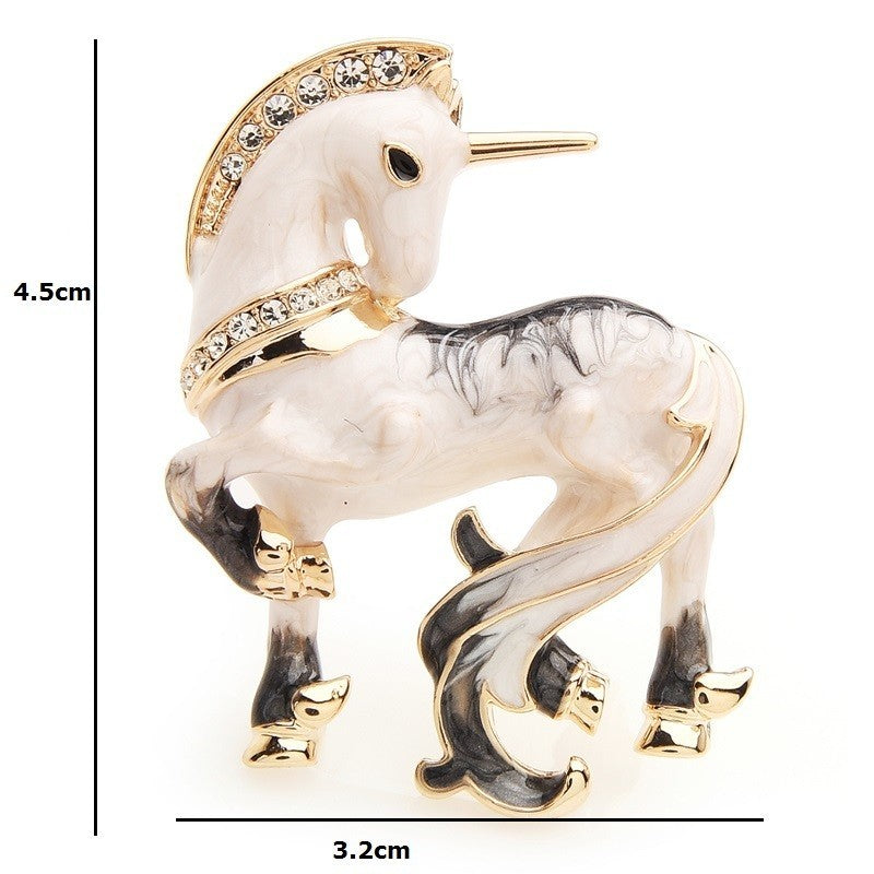 Unicorn Brooch White Enamel Rhinestone Pin Pendant Women's Statement Jewelry