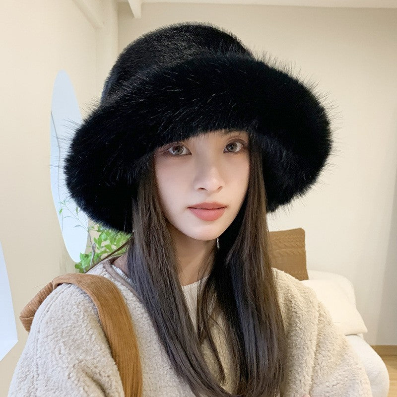 Faux Fur Bucket Hat Women Winter Warm Fluffy Fisherman Cap Black Adjustabl