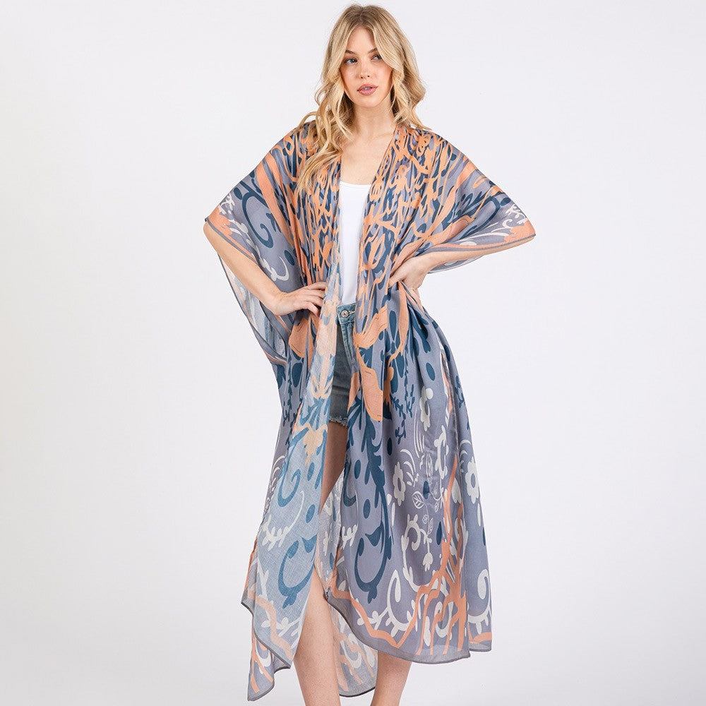 Women’s Boho Print Long Kimono Duster Sheer Cover Up Open Front Poncho