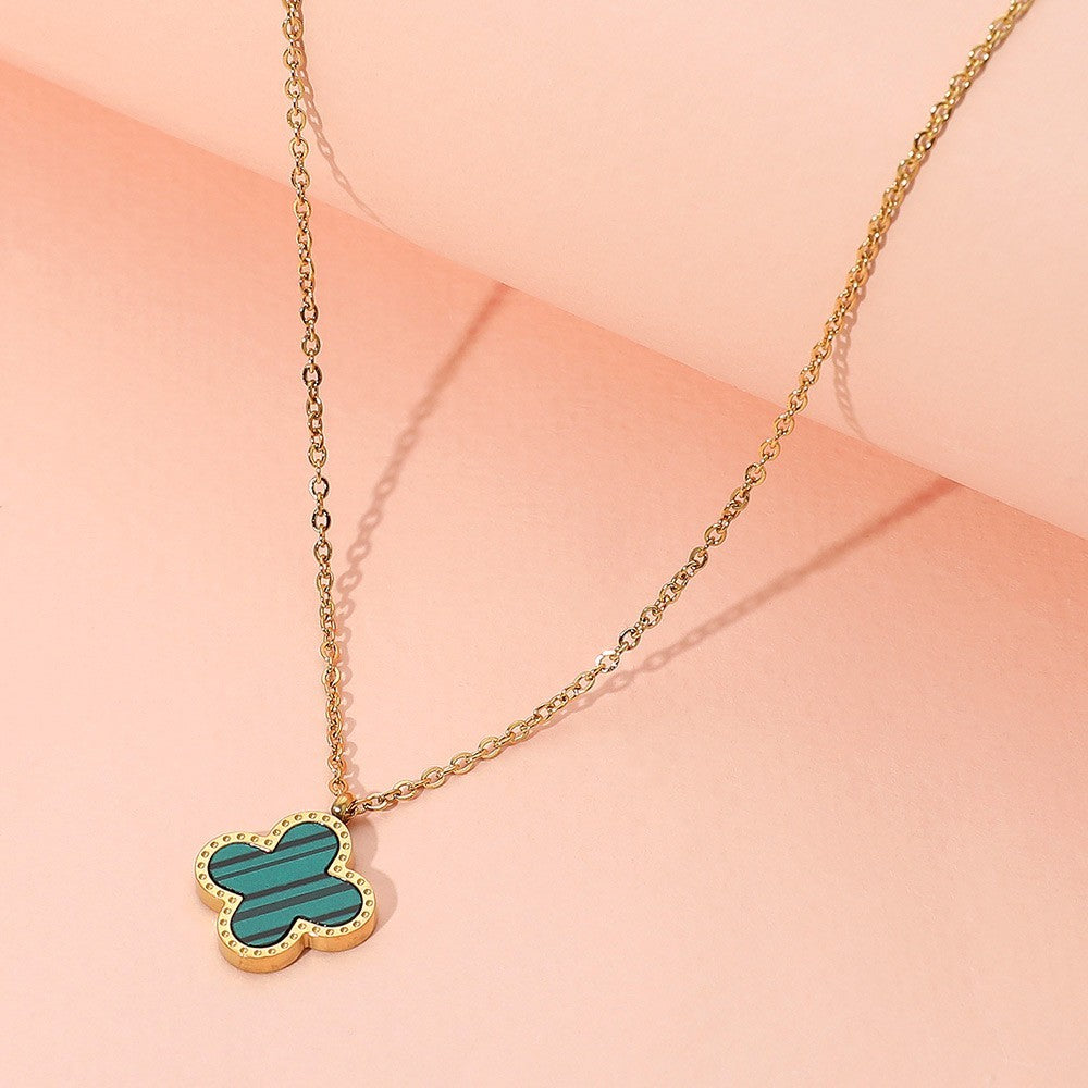Gold Tone Stainless Steel Quatrefoil Pendant Necklace Green Clover for Women