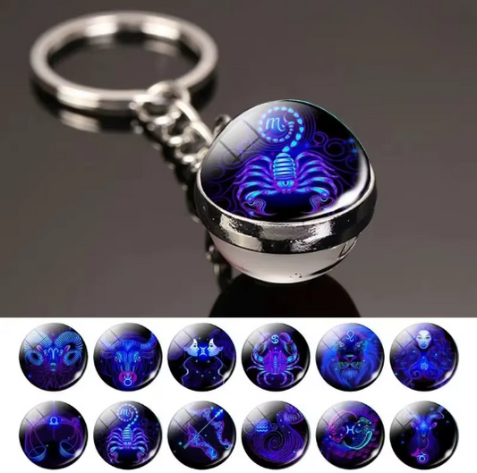 Luminous Zodiac Sign Glass Ball Pendant Keychain Constellation Aries Jewelry 
