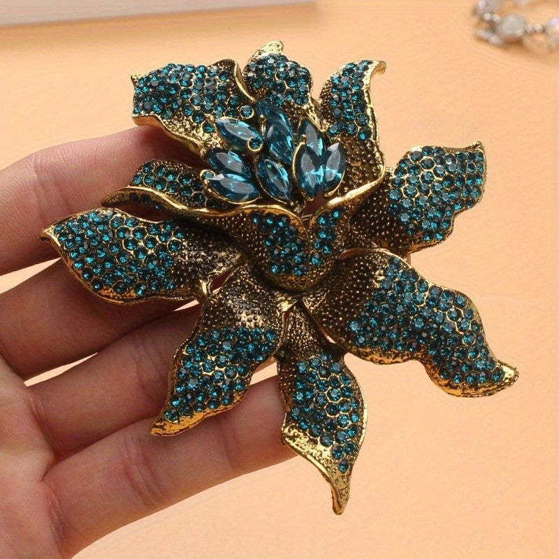 Giant Vintage Look Teal Turquoise Rhinestone Flower Brooch Pin Gold Tone Stateme