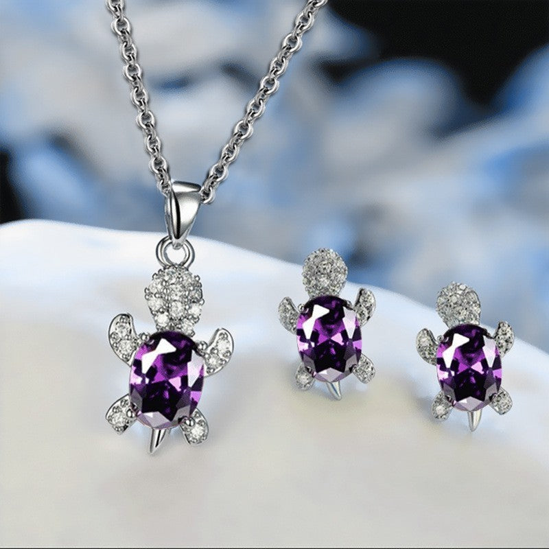 Silver Tone Turtle Necklace Earrings Set Purple Crystal Jewelry Gift for Her