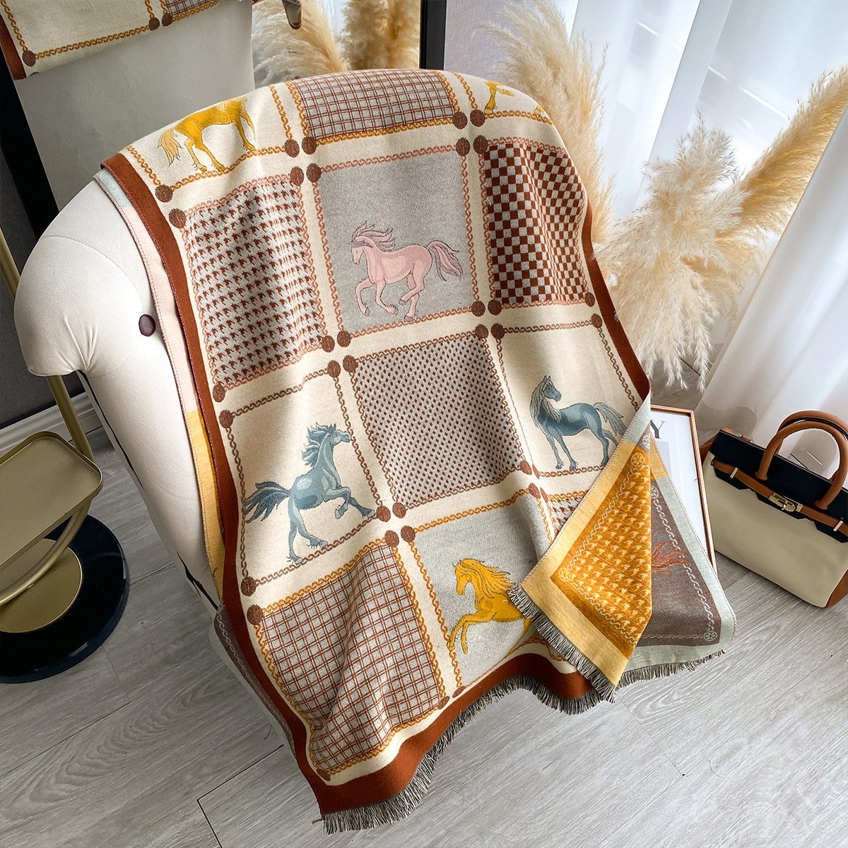 Equestrian Block Print Scarf Shawl Blanket Wrap Cashmere Feel