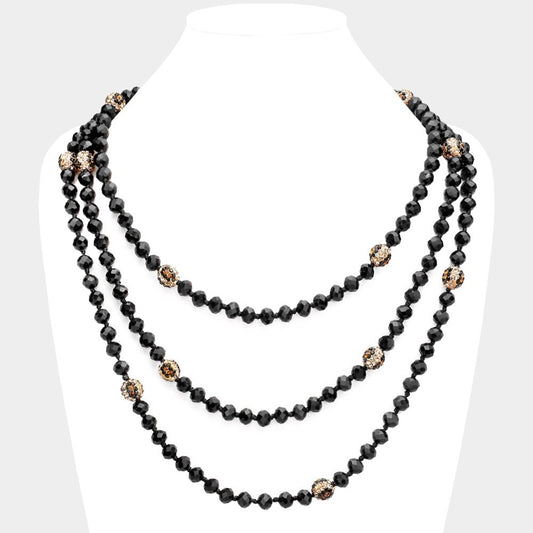 Long 70 Inch Black Faceted Bead Layering Necklace Gold Pave Disco Ball Accents