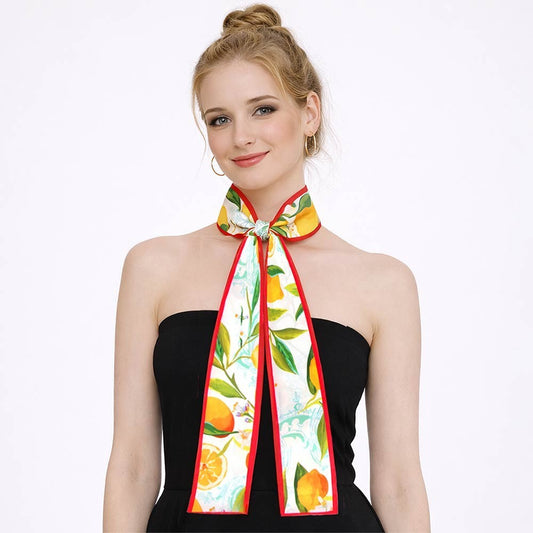 Lemon Print Silk Feel Twilly Skinny Scarf Red Hair Neck Bag Ribbon Wrap