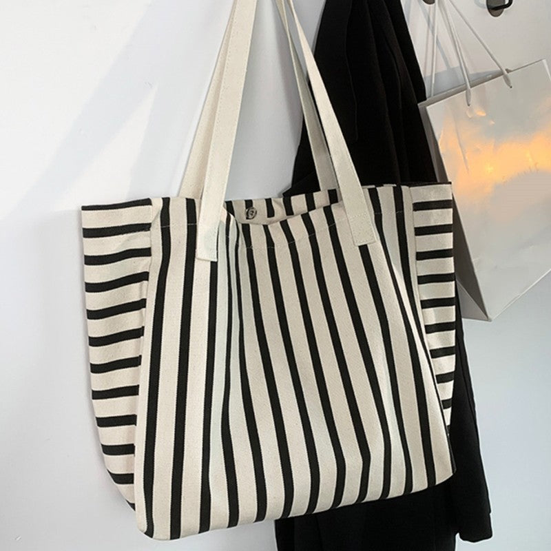 Large Canvas Tote Bag Striped Black White Shoulder Handbag Cotton Beach Shopper