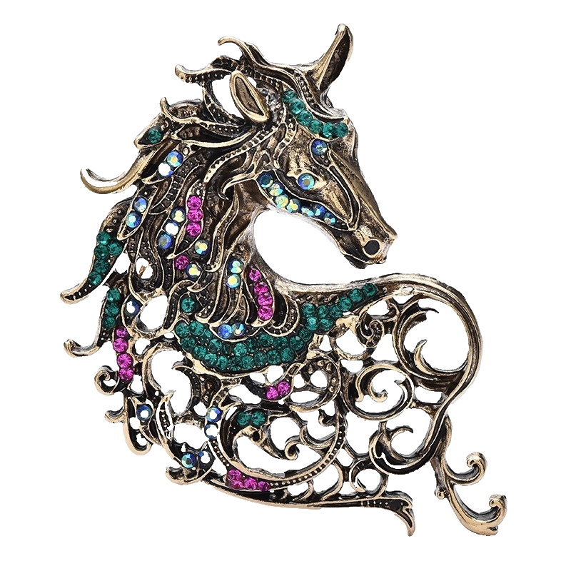 Antique Rhinestone Horse Brooch Pin Statement Jewelry Turquoise Pink