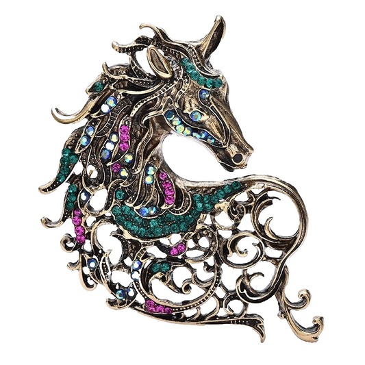 Antique Rhinestone Horse Brooch Pin Statement Jewelry Turquoise Pink